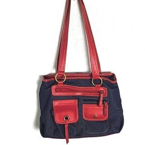 Denim & Red Shoulder Bag with Lots of Pockets